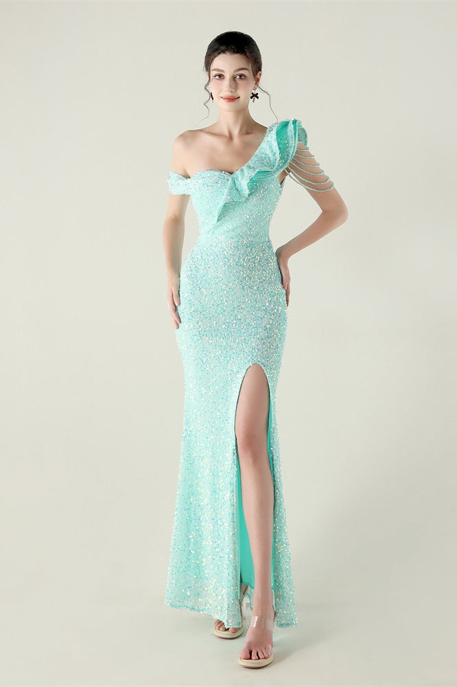 Draped One Shoulder Ruffle Formal Dress