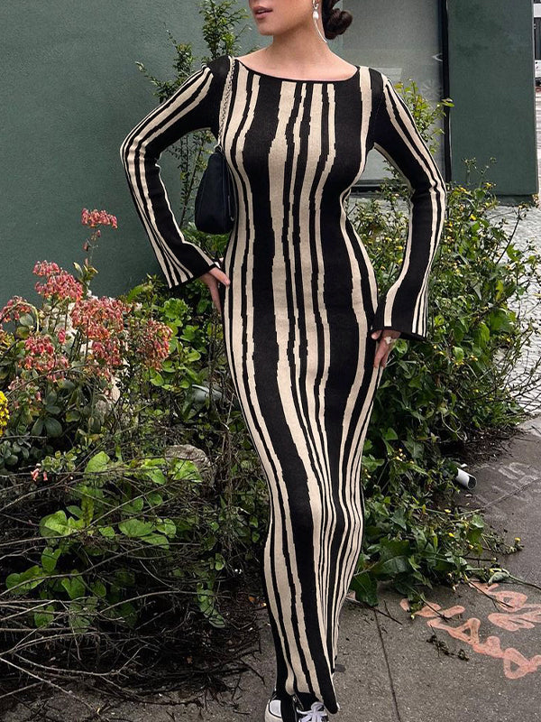 Striped Crew Neck Long Sleeve Maxi Dress