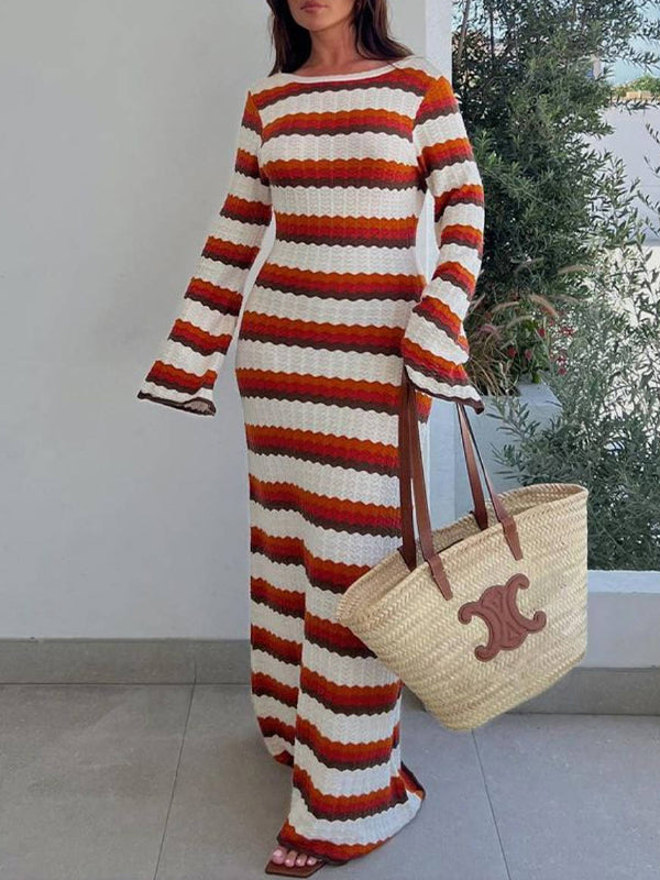 Striped Contrast Knitted Hollow Maxi Dress