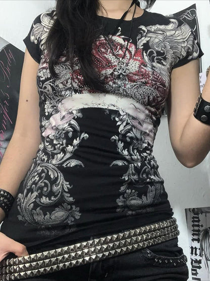 Dark Y2K Graphic Print Fitted T-shirt