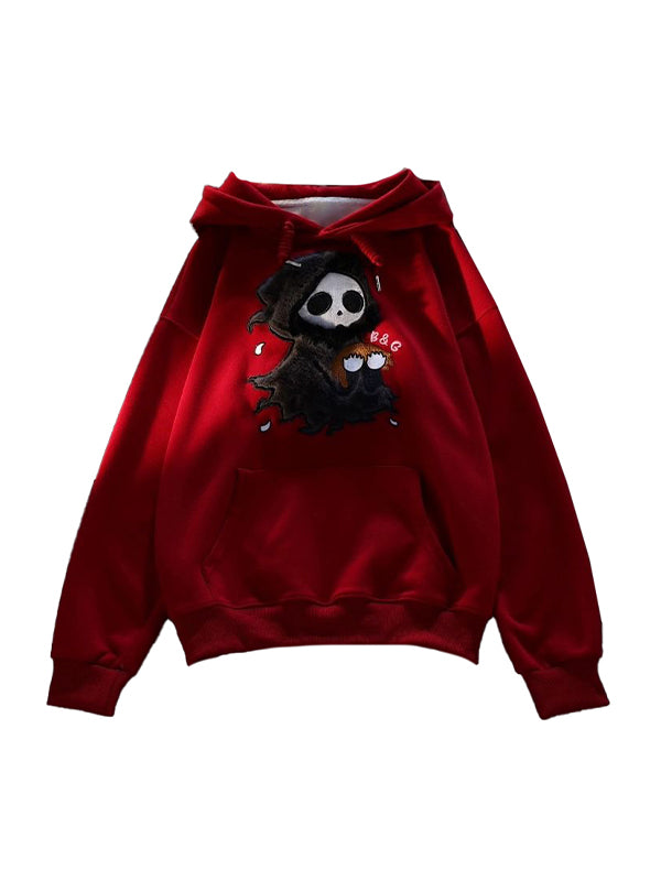 Fuzzy Cartoon Ghost Embroidered Oversized Hoodie