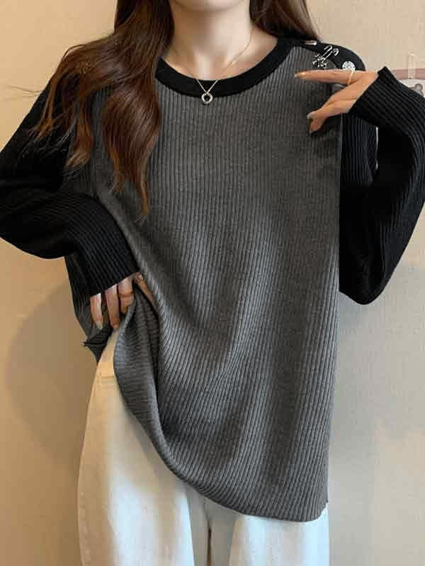 Contrast Color Splice Metal Decor Long Sleeve Knit