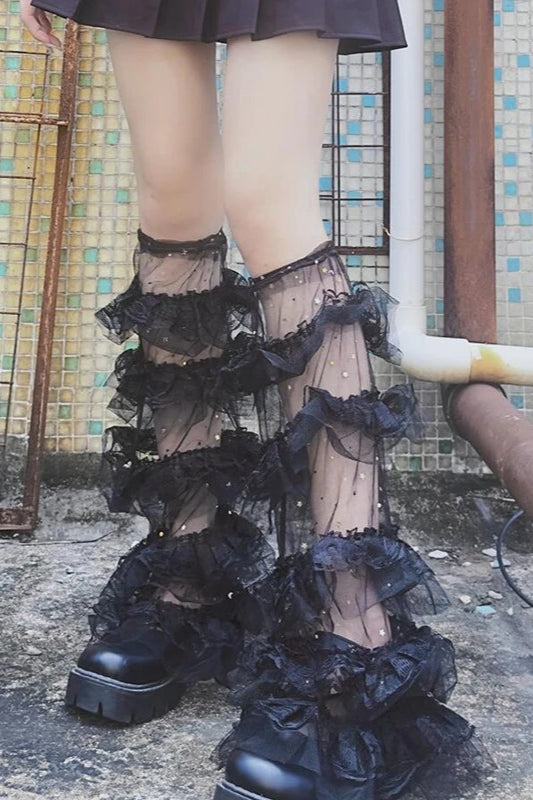Kawaii Y2K Layered Mesh Ruffle  Leg Warmers
