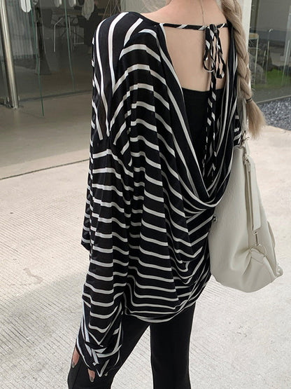 Stripe Backless Lace Up Smock Oversized Long Sleeve Tee