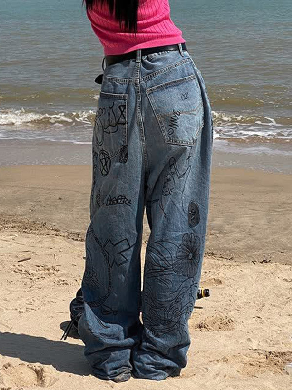 Interesting Graffiti Print Loose Boyfriend Jeans