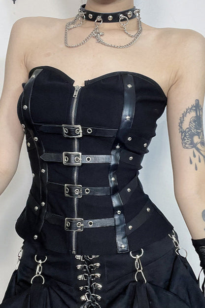 Leather Buckle Boned Strapless Corset