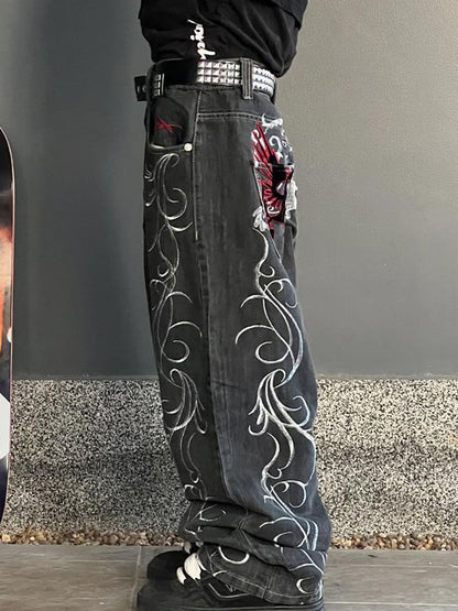 Dark Gothic Skull Print Boyfriend Jeans