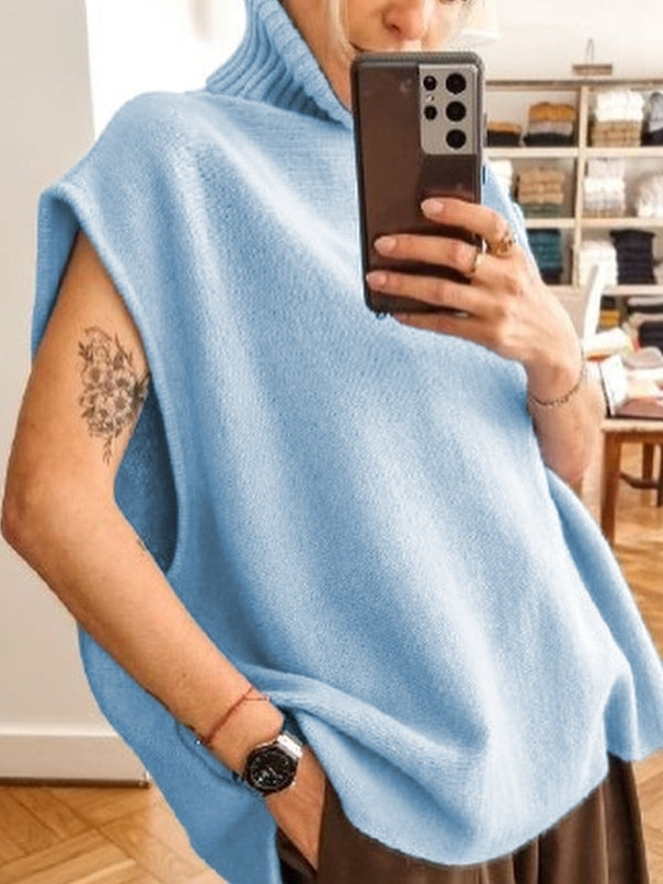 Solid High Neck Loose Sweater Vest