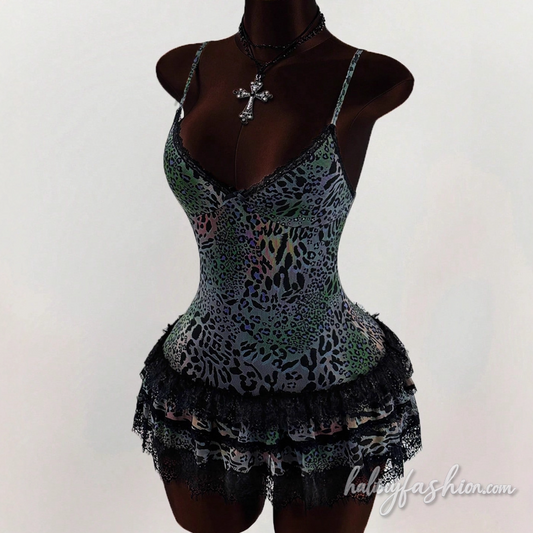Leopard print lace hem v neck cami mini dress