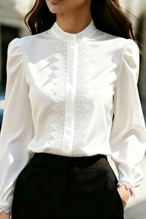 Solid Color Satin Lace Patchwork Casual Long-sleeved Shirt