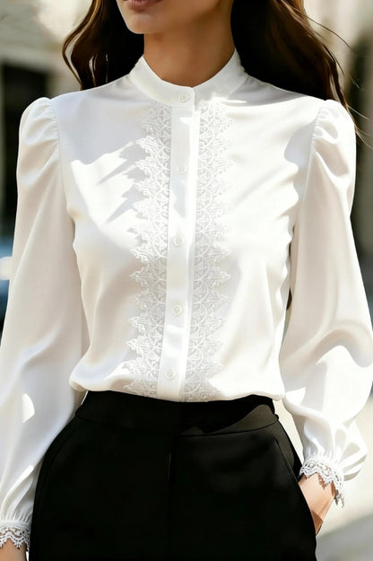 Solid Color Satin Lace Patchwork Casual Long-sleeved Shirt