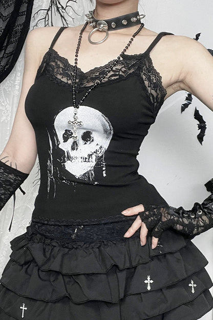 Lace Trim Gothic Skull Graphic Cami Corset