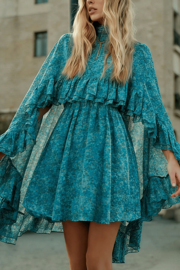 Solid Color Loose Stand Collar Ruffled Top and V-neck Camisole Fitted Waist Mini Dress Set