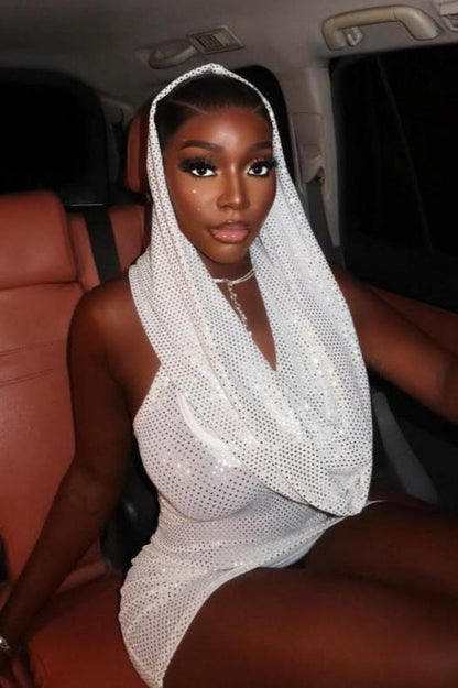 Sequin Hooded Cowl Neck Cutout Backless Mini Dress