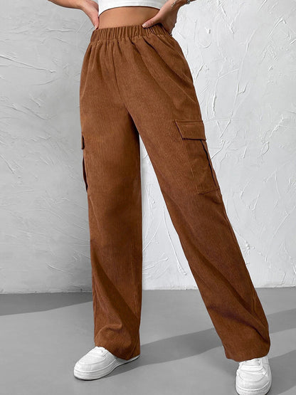 Corduroy Elastic Waist Cargo Wide Leg Pants