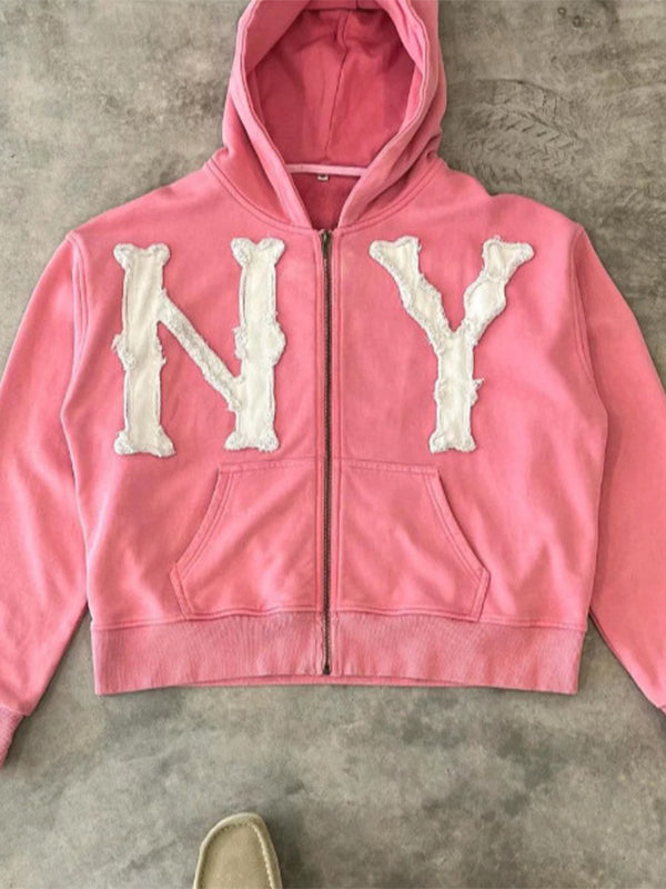 Embroidered Zip Up Cardigan Loose Hoodie