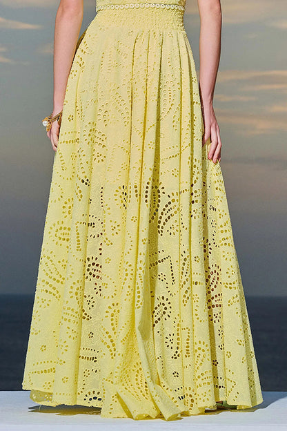 Paris Dreaming Embroidered Lace High Rise Elastic Waist Pocketed Maxi Skirt 
