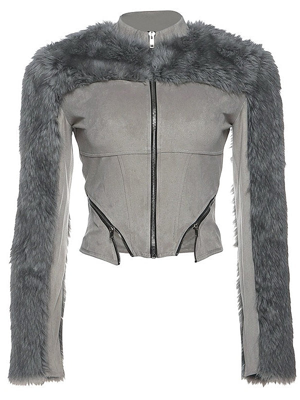 Futuristic Long Sleeve Fur Patchwork Slim Coat