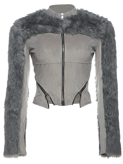 Futuristic Long Sleeve Fur Patchwork Slim Coat