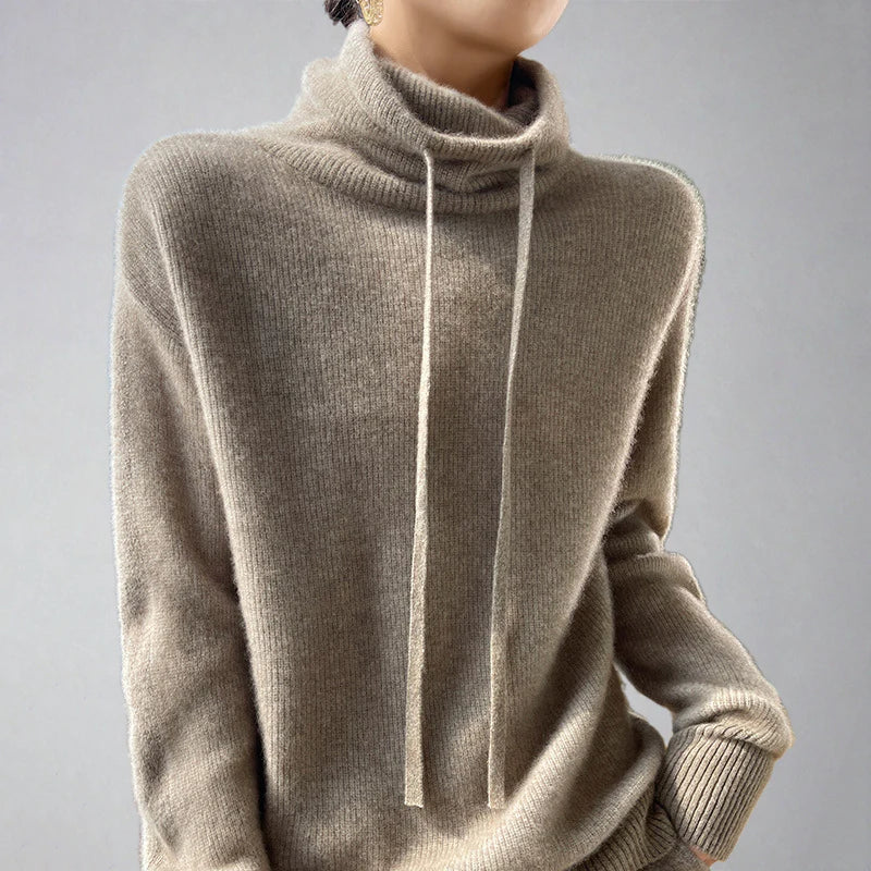 Suéter de cuello alto de cachemira con cordón para mujer | Ideal para otoño/invierno
