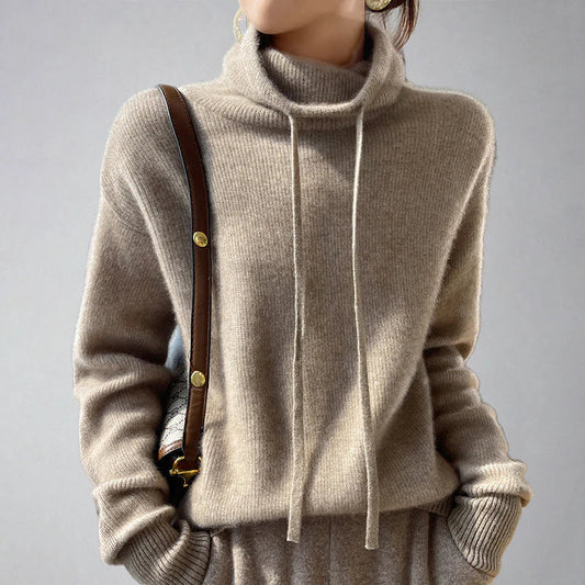 Suéter de cuello alto de cachemira con cordón para mujer | Ideal para otoño/invierno