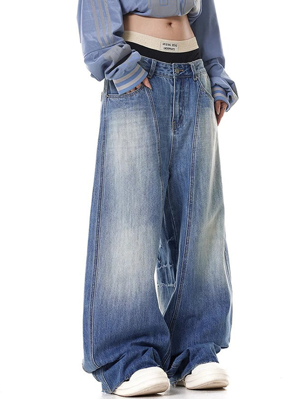 Retro Washed Lightning Pattern Deconstruction Boyfriend Jeans