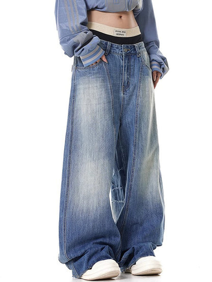 Retro Washed Lightning Pattern Deconstruction Boyfriend Jeans