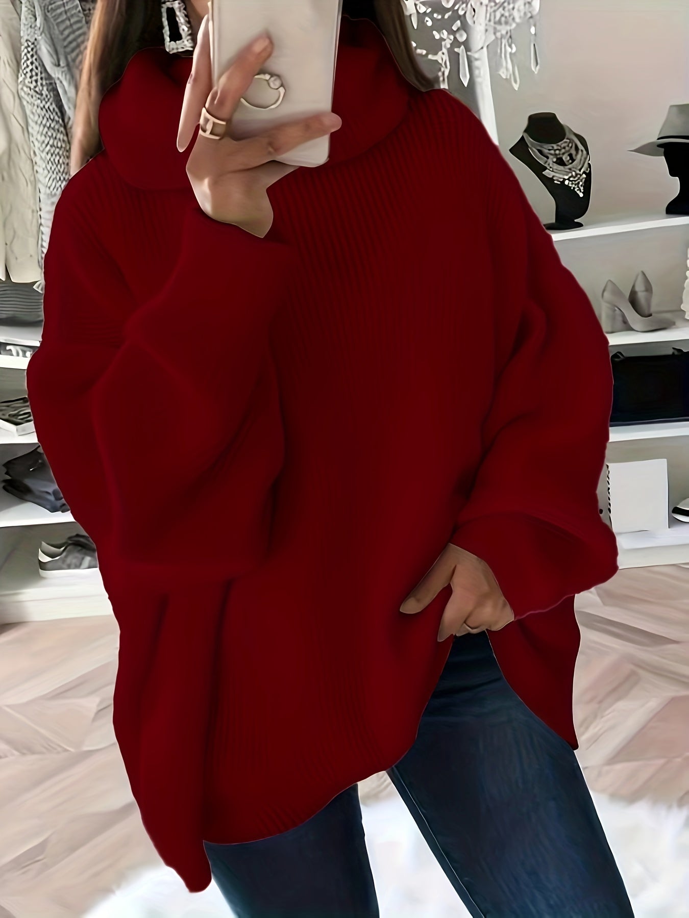 Jersey de punto de cuello alto extragrande para mujer en color liso | Ideal para otoño/invierno