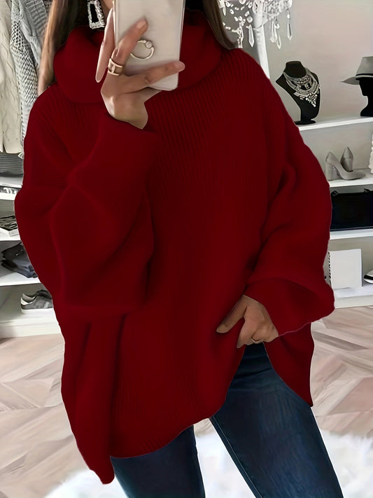 Jersey de punto de cuello alto extragrande para mujer en color liso | Ideal para otoño/invierno