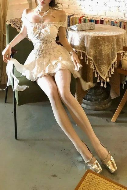 White Lace Off Shoulder Slip Chic Y2K Vintage Mini Dress