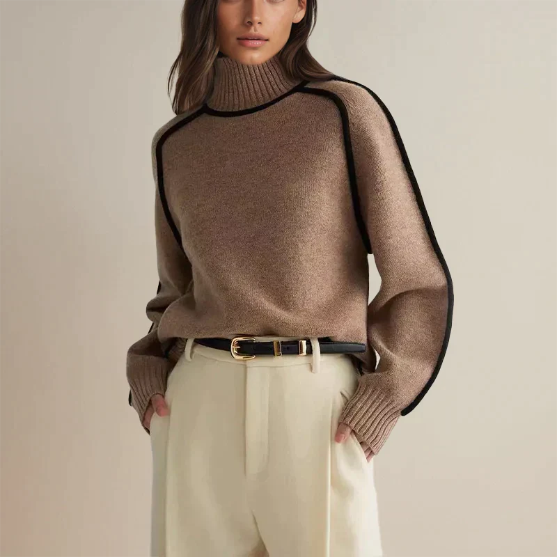 Jersey de cuello alto de punto extragrande para mujer con línea negra | Ideal para otoño/invierno