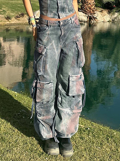 Vintage Tie Dye Multi Pocket Cargo Jeans