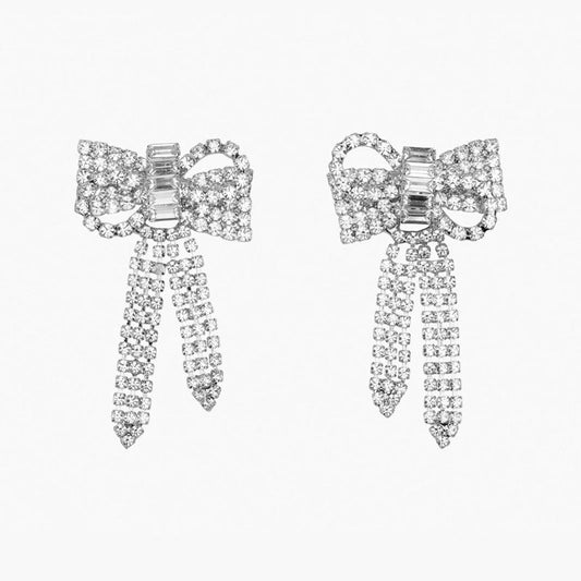 Crystal Bow Drop Earrings Silver