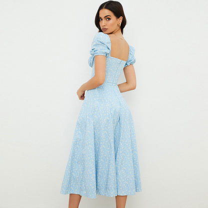 Daisy Printed Puff Sleeve High Slit Smock Maxi Sundress - Sky Blue