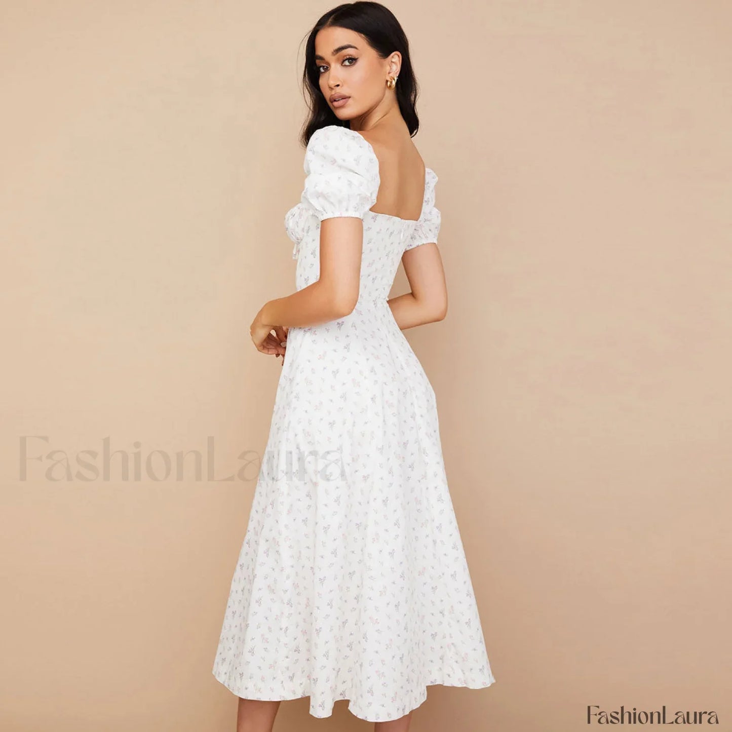 Daisy Printed Puff Sleeve High Slit Smock Maxi Sundress - White