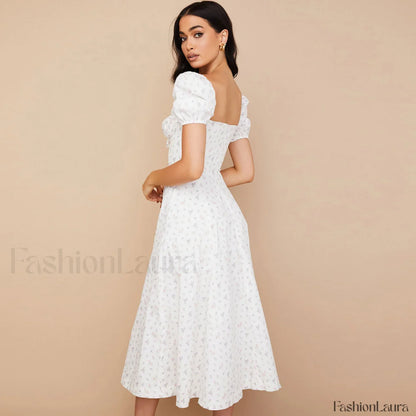 Daisy Printed Puff Sleeve High Slit Smock Maxi Sundress - White