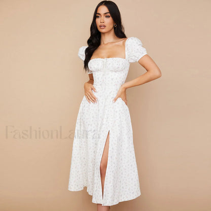 Daisy Printed Puff Sleeve High Slit Smock Maxi Sundress - White