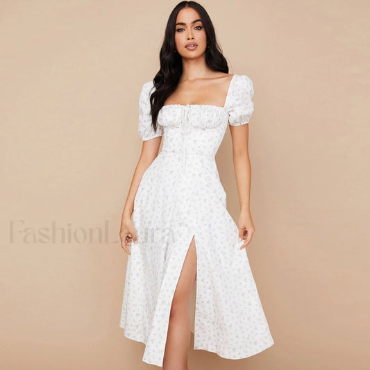 Daisy Printed Puff Sleeve High Slit Smock Maxi Sundress - White