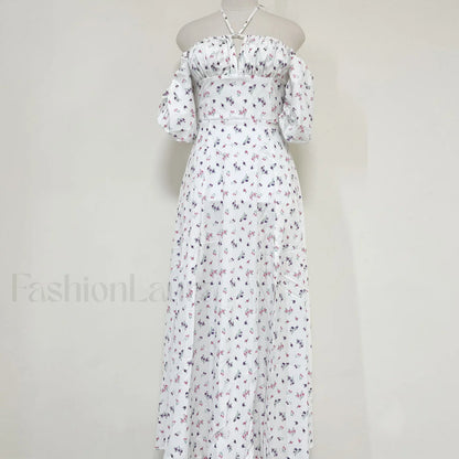 Daisy Printed Puff Sleeve High Slit Smock Maxi Sundress - White