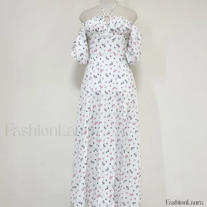 Daisy Printed Puff Sleeve High Slit Smock Maxi Sundress - White