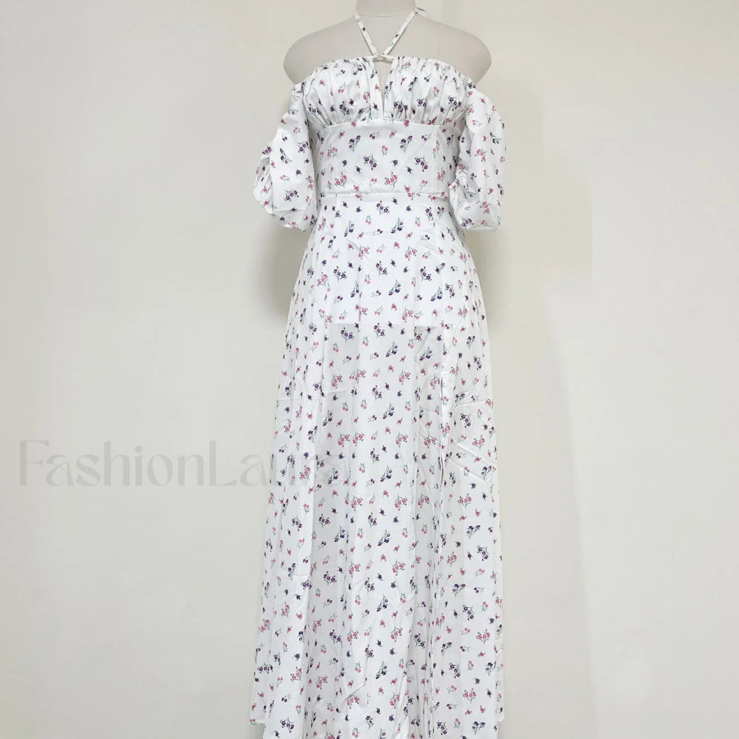 Daisy Printed Puff Sleeve High Slit Smock Maxi Sundress - White