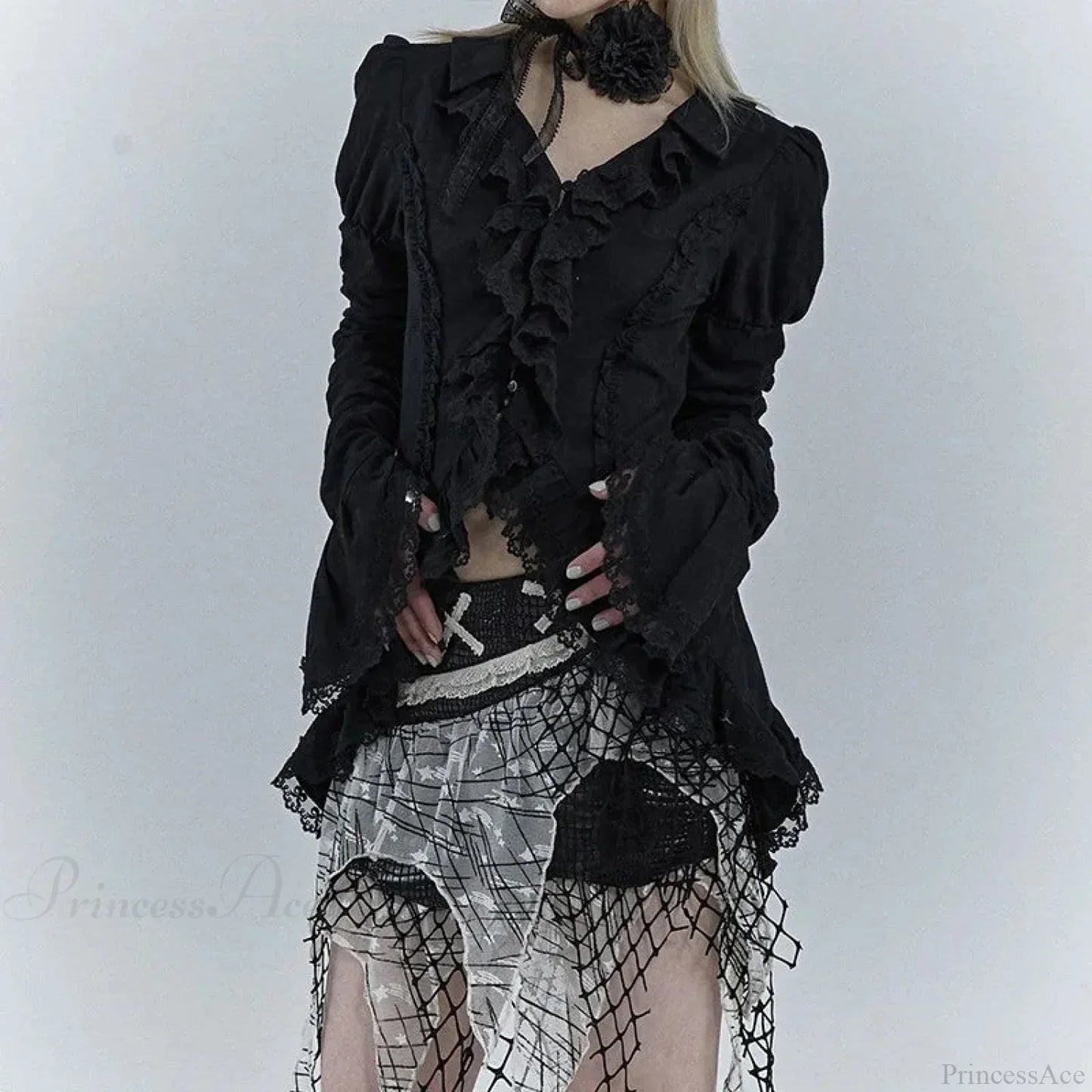 Dark Black Lace Flare Sleeve Shirt