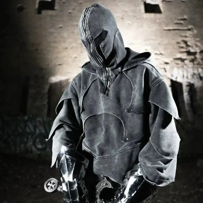 Dark Denim Patchwork Pullover Hoodie