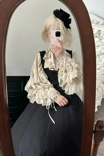 Dark Frill Batwing Sleeve Top
