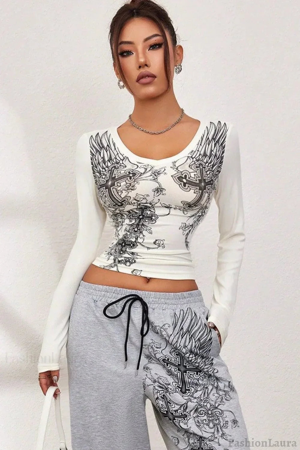 Dark Gothic Wing Print Long Sleeve T-Shirt