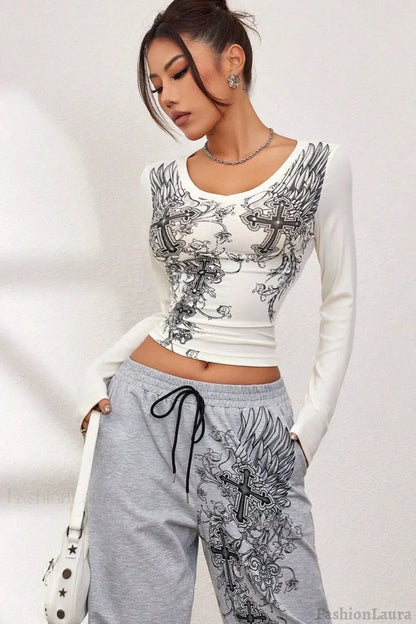 Dark Gothic Wing Print Long Sleeve T-Shirt