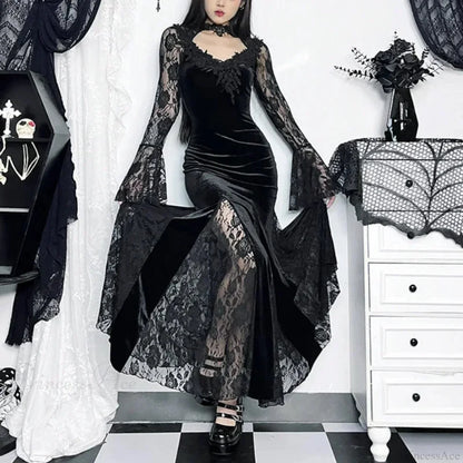 Dark Lace Trumpet Slim Midi Dress