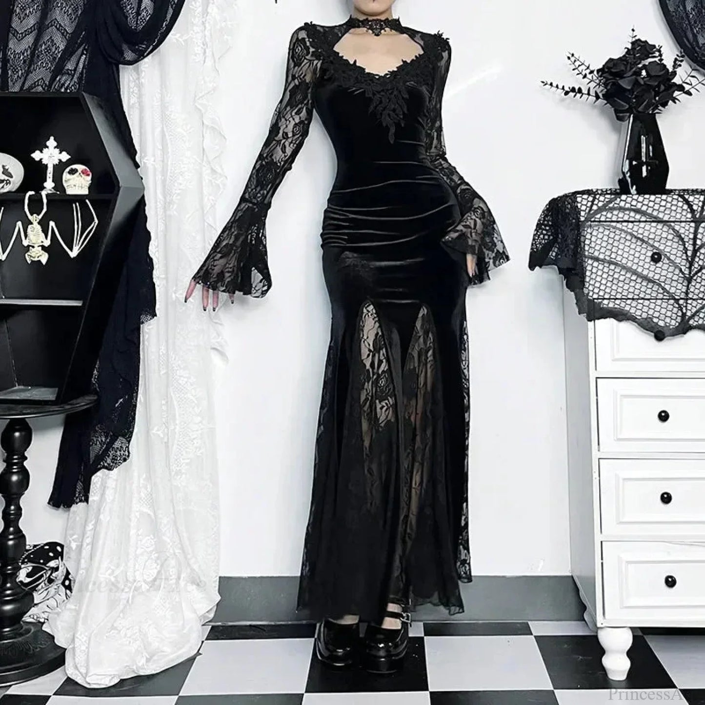 Dark Lace Trumpet Slim Midi Dress