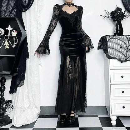 Dark Lace Trumpet Slim Midi Dress