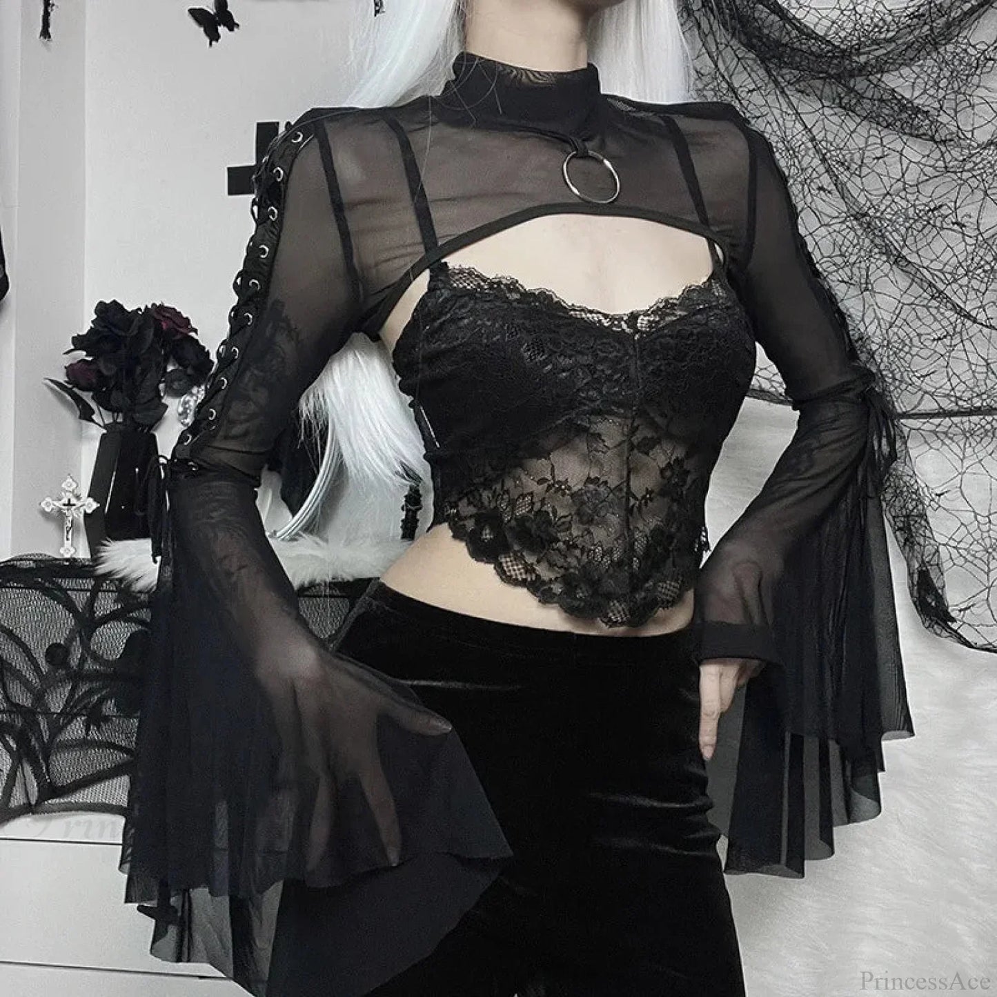 Dark Net Lace Up Flared Shirt